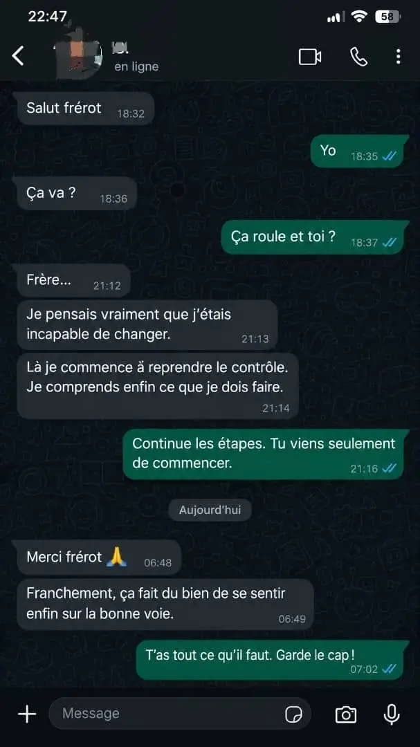 Témoignage client 6 — capture WhatsApp
