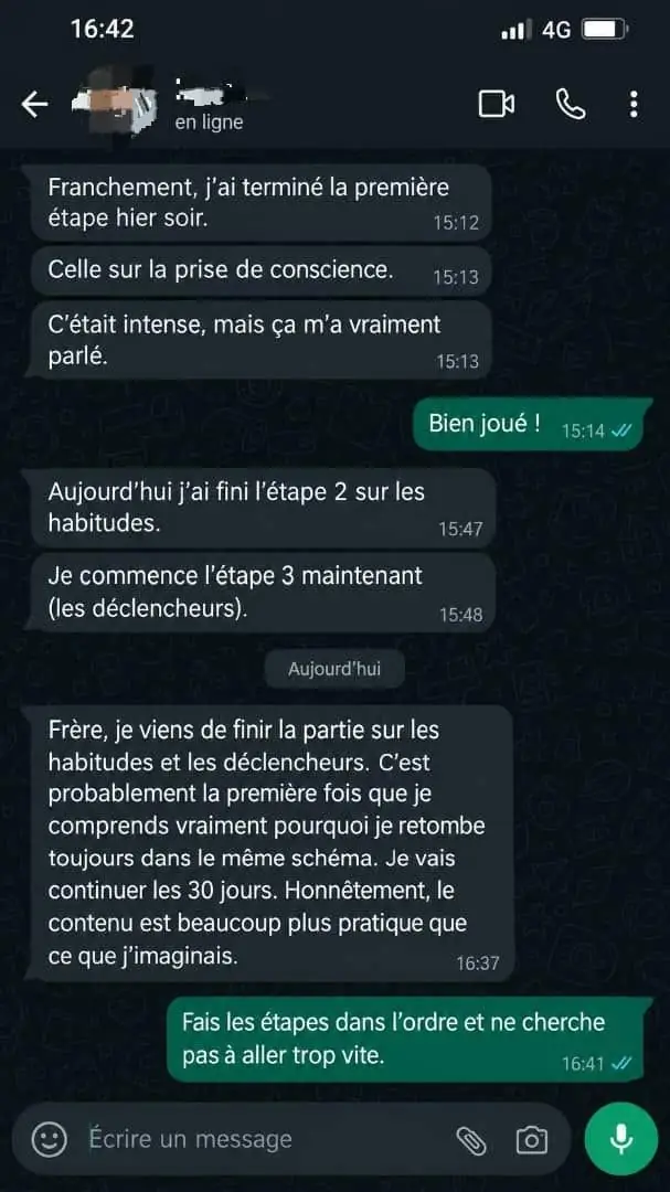 Témoignage client 7 — capture WhatsApp